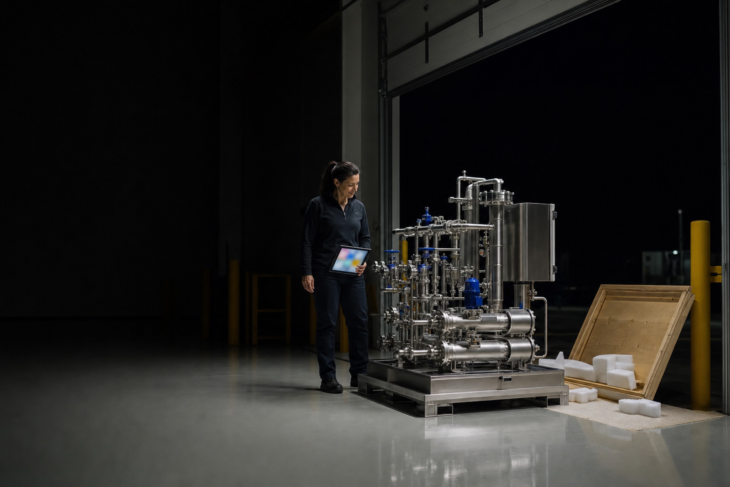An engineer in a modern manufacturing hall at night standing beside a finished stainless coolant skid that has just been uncrated, holding a tablet and looking at the assembly